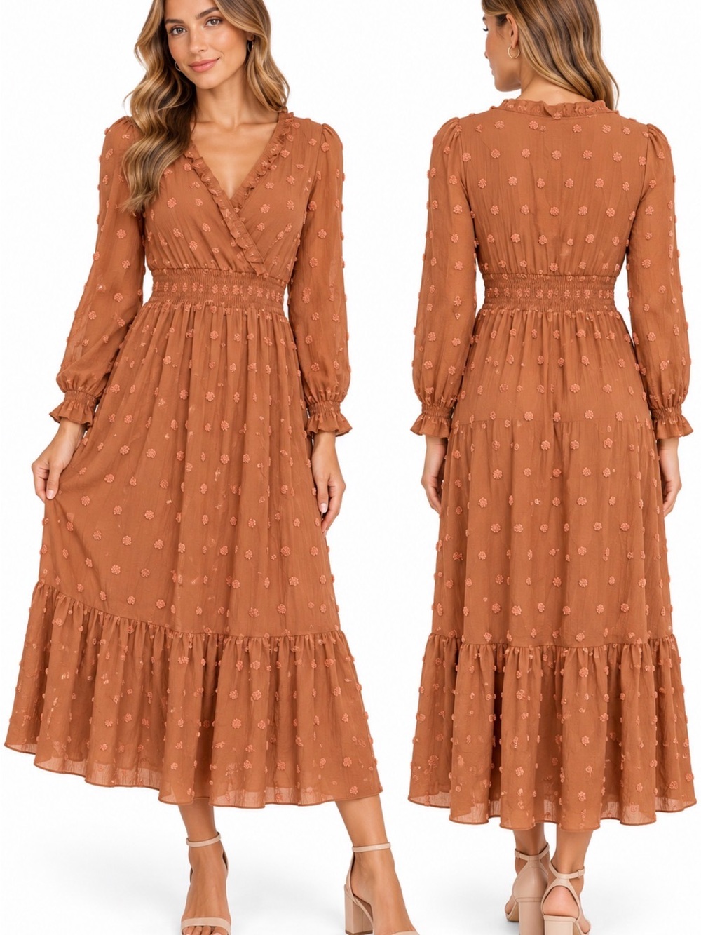 NWT Boutique Rust Swiss Dot Faux Wrap Smocked Waist Midi Dress L